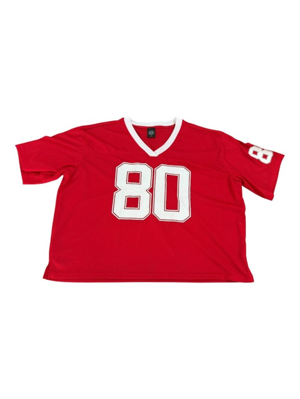 Red PacSun cropped short sleeve jersey v neck white number 80 Medium New NWOT